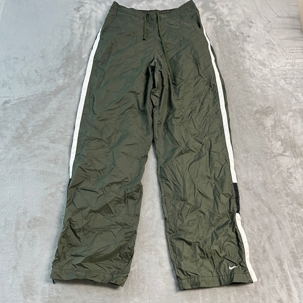 Vintage 90s Nike Baggy Track Pants Olive Green White Stripe Mesh Lined Womens M